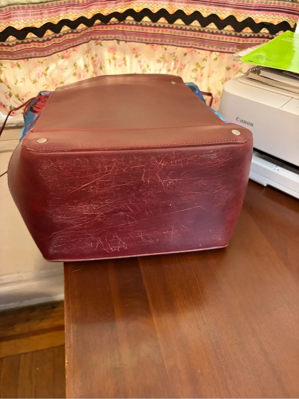 John Fluevog Leather & Floral Canvas Large Tote Bag